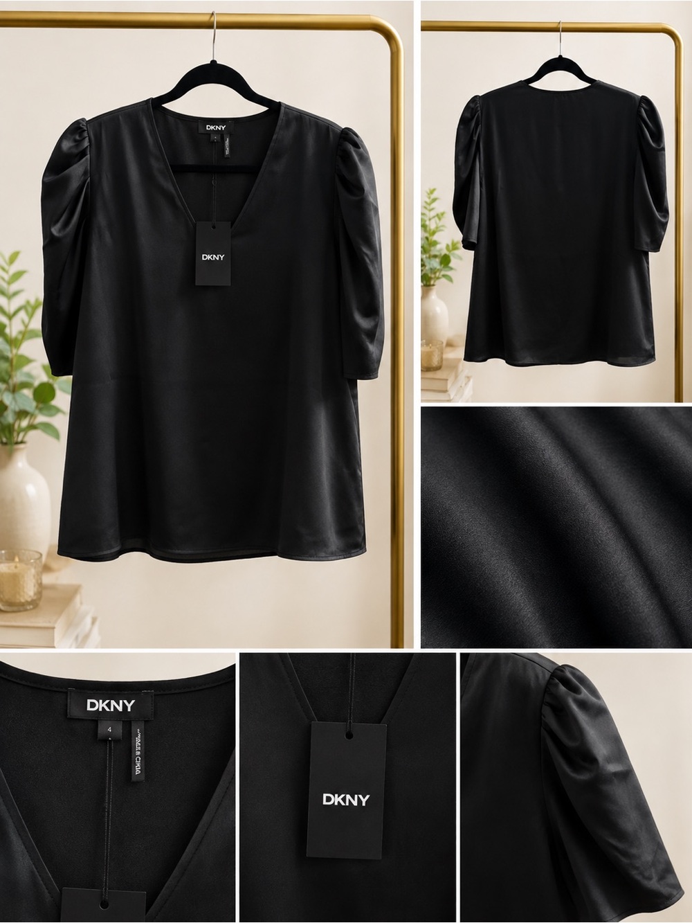 DKNY Black Satin V-Neck Puff Sleeve Blouse